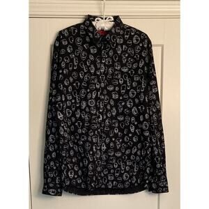 Hugo Boss Sz L Extra Slim-Fit Button Up Shirt Doodle Motif Black/White